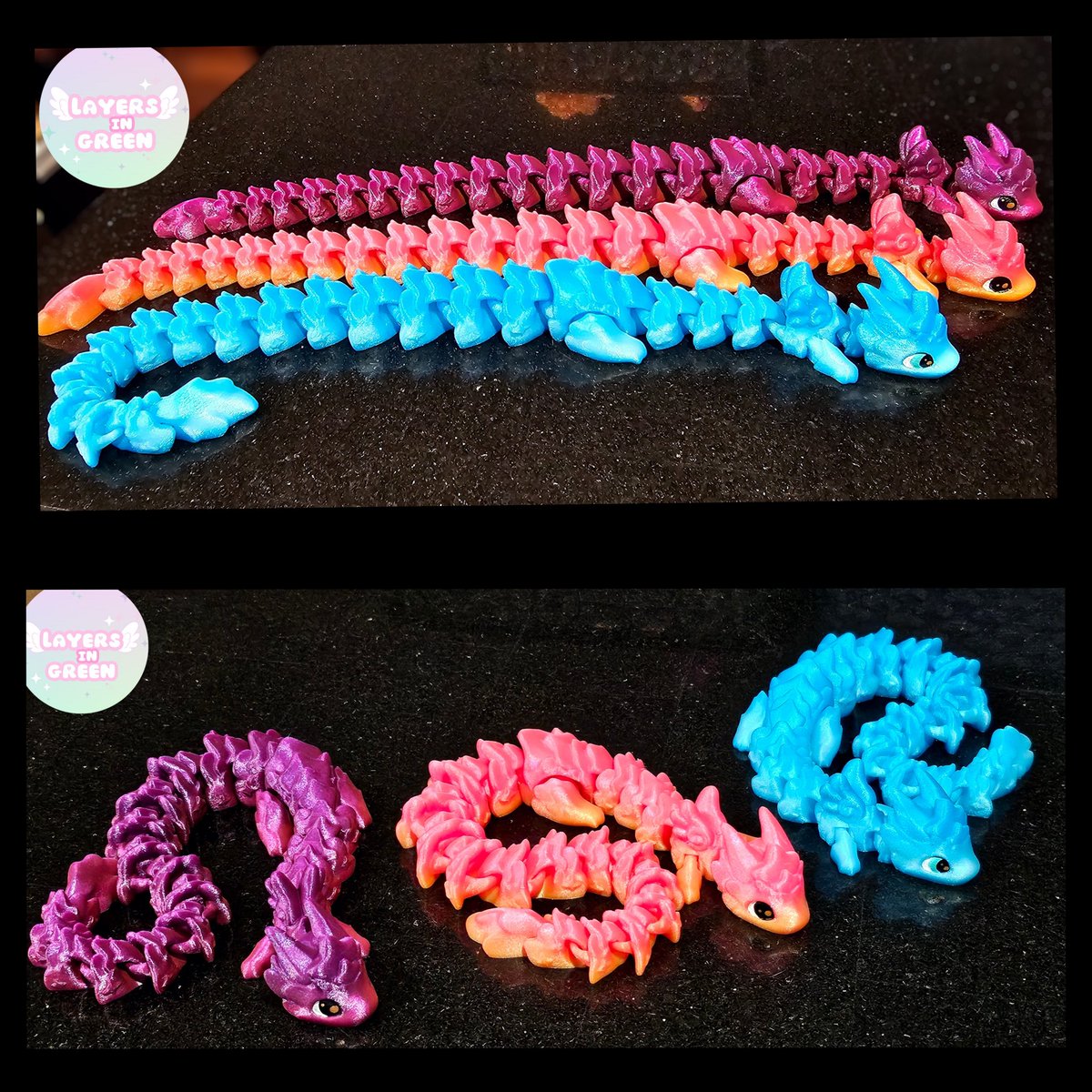 makeitmodit3d's tweet image. Layers In Green Atria dragon (single color, hand painted eyes) in 3 sizes: 
- 18" for $22 (Mermaid, Sunrise, Sunset, Blue Ombre)
- 14.5 for $16 (Sunrise, Sunset, Blue) 
- 11" for $8 (Sunrise, Sunset, Blue)