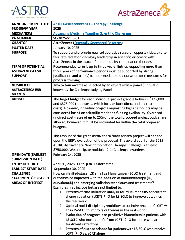 Percy Lee MD (@percyleemd) on Twitter photo (1) Excited to share this <a href="/ASTRO_org/">ASTRO</a> and <a href="/AstraZeneca/">AstraZeneca</a> #radonc call for proposal-challenge for improving outcomes for LS-SCLC integration radiation and IO. 2-4 proposals b/w $175-$375K will be funded. Application open below:
astro.org/patient-care-a…
<a href="/SameerKeoleMD/">Sameer Keole</a> (1) Excited to share this <a href="/ASTRO_org/">ASTRO</a> and <a href="/AstraZeneca/">AstraZeneca</a> #radonc call for proposal-challenge for improving outcomes for LS-SCLC integration radiation and IO. 2-4 proposals b/w $175-$375K will be funded. Application open below:
astro.org/patient-care-a…
<a href="/SameerKeoleMD/">Sameer Keole</a>