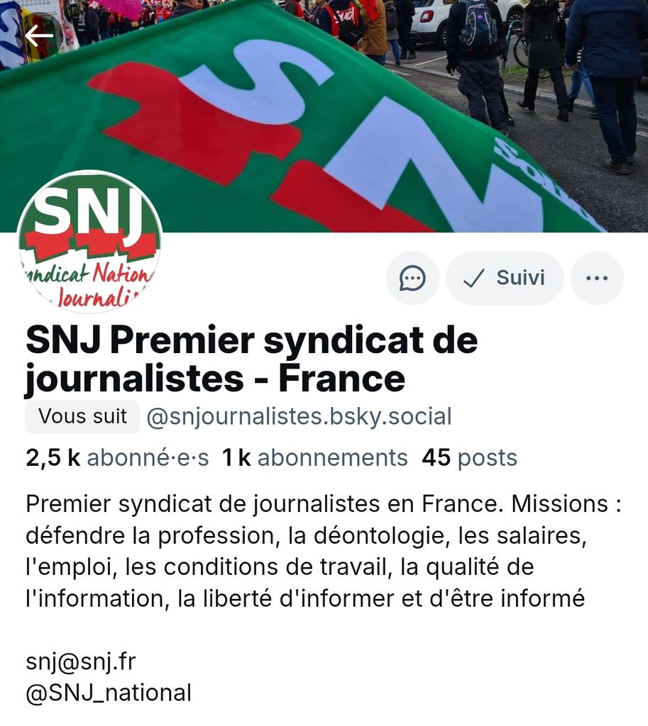 Pour des raisons éthiques, le SNJ a choisi de s’éloigner du réseau <a href="/X/">X</a> à compter du 20/01/2025. Nous publierons de - en - souvent ici mais retrouvez-nous là ⬇️ 
bsky.app/profile/snjour… 
instagram.com/snj_journalist… 
linkedin.com/in/snj-syndica… 
m.facebook.com/SyndicatNation… 
#HelloQuitteX