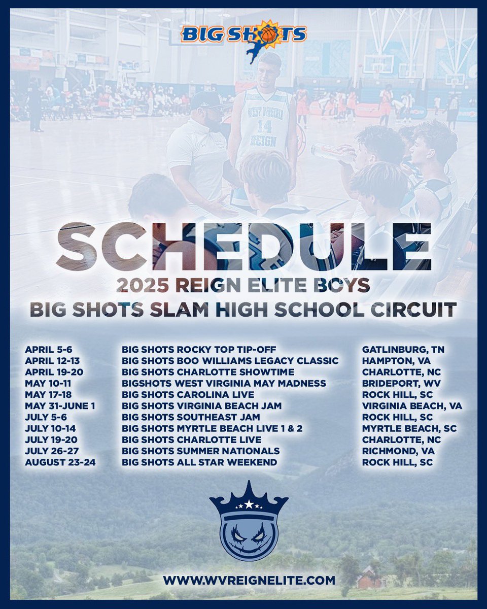 BIG SHOTS West Virginia Reign Elite (@wvreignhoops) on Twitter photo 🚨Tryout Alert🚨
📅 Sunday March 23rd
😈 Elite high school boys
🏫 Fairmont Senior new gym
⏰ TBA
💵 NO TRYOUT FEE
🏀 Classes 2025-2028
💻 wvreignelite.com
Contact us or <a href="/CoachReignMaker/">Ronnie Nuzum</a> for information 🚨Tryout Alert🚨
📅 Sunday March 23rd
😈 Elite high school boys
🏫 Fairmont Senior new gym
⏰ TBA
💵 NO TRYOUT FEE
🏀 Classes 2025-2028
💻 wvreignelite.com
Contact us or <a href="/CoachReignMaker/">Ronnie Nuzum</a> for information