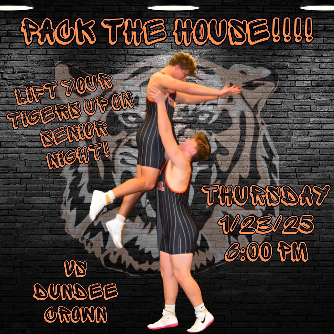 CLC Tiger Wrestling (@clctigerwrestle) on Twitter photo Senior Night for your Tigers is Thursday, January 23 @ 6:00! They take on the Dundee Crown Chargers. Let’s PACK THE HOUSE and lift them up before they leave the field house as a team for the last time! 🖤🧡🖤🐯 #werclc <a href="/clcathletics/">CLC Athletics</a> <a href="/CLCentralHS/">CL Central H.S.</a> <a href="/clccrazies/">Central Crazies</a> Senior Night for your Tigers is Thursday, January 23 @ 6:00! They take on the Dundee Crown Chargers. Let’s PACK THE HOUSE and lift them up before they leave the field house as a team for the last time! 🖤🧡🖤🐯 #werclc <a href="/clcathletics/">CLC Athletics</a> <a href="/CLCentralHS/">CL Central H.S.</a> <a href="/clccrazies/">Central Crazies</a>