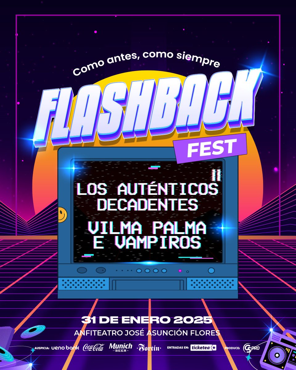Flashback_PY's tweet photo. 11 días y estamos en #FLASHBACKFEST en el ANFI con LOS AUTÉNTICOS DECANDENTES y VILMA PALMA E VAMPIROS🙌💃🏻🕺🪩
😉INFO Y RESERVA DE MESAS AL https://t.co/GUPCp4bu9i
🏟️ Anfiteatro José A. Flores
🗓️31/ENERO
🎟️Entradas en @ticketeapy y vía web en https://t.co/miAAmPstiW https://t.co/dVLdTHRrrt
