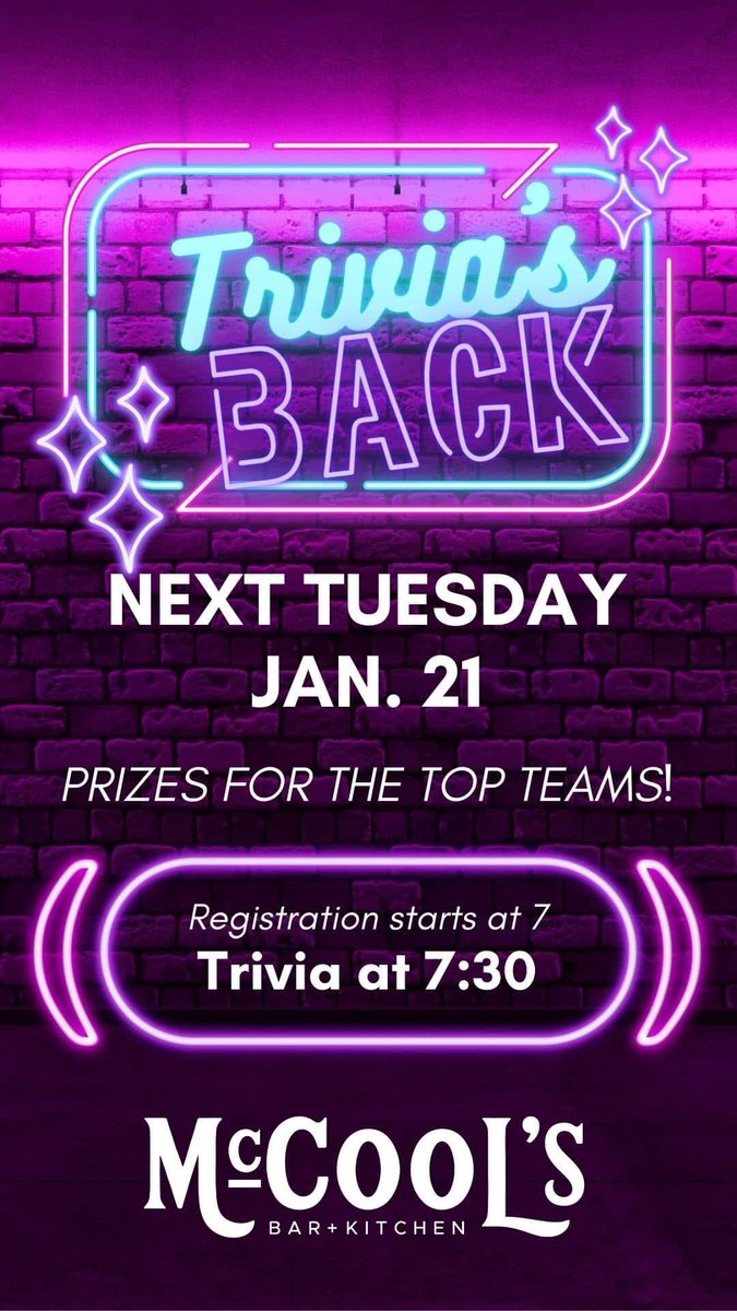 Go check <a href="/McCoolsMHK/">McCool’s Bar + Kitchen</a> this Tuesday as trivia is back up and running!!