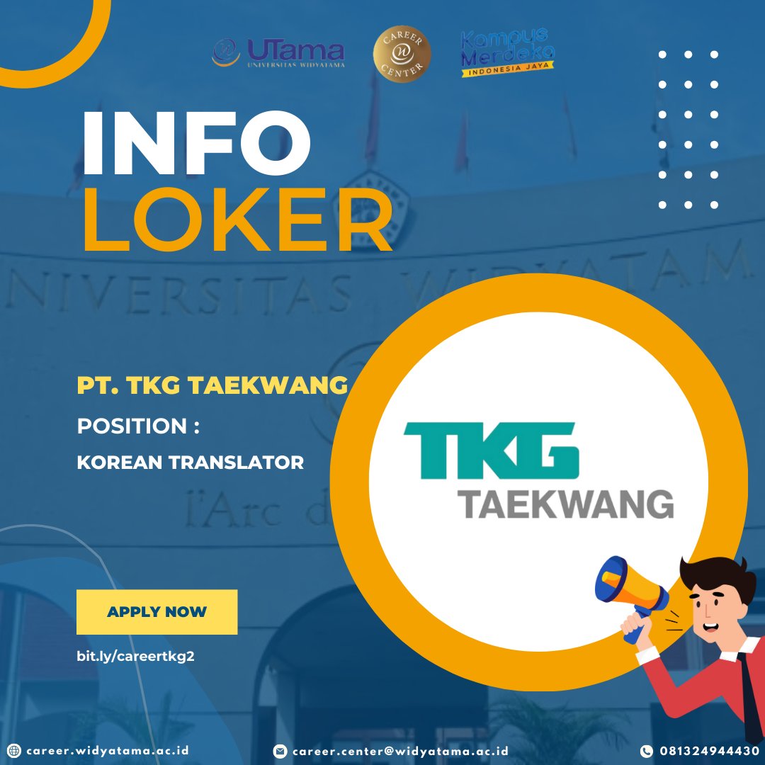 CareerUTama's tweet image. PT. TKG Taekwang is hiring!

Terbuka posisi untuk:
Korean Translator

Apply here:
bit.ly/careertkg2

We Love, We Care, We Share

#karir #pusatkarir #pusatkarirwidyatama #pusatkarirutama #career #careercenter #careercenterwidyatama #careercenterutama #cdc #cdcwidyatama