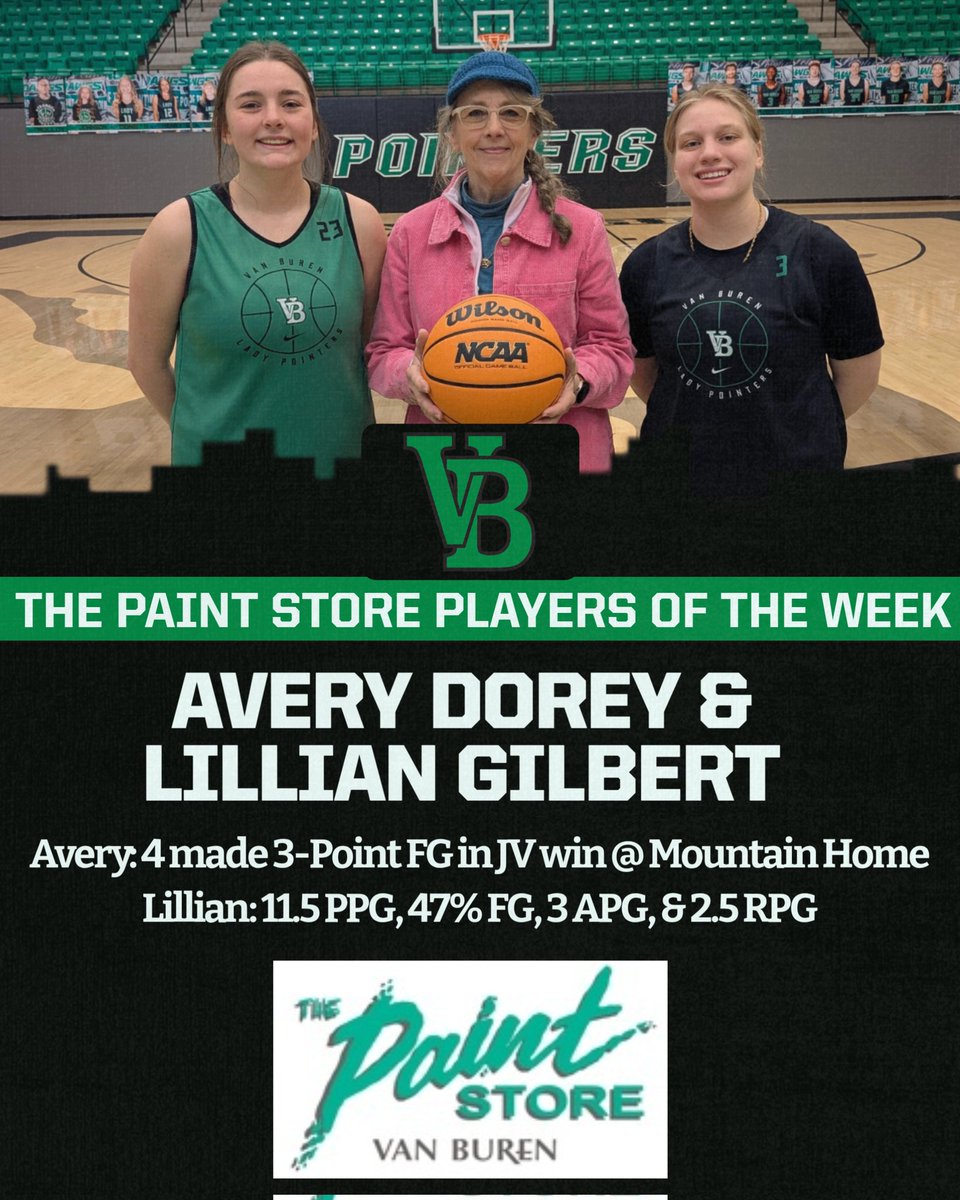 vbladypointers's tweet photo. The Paint Store Players of the Week are Avery Dorey and @mumblegilbert!

Avery scored 12 points on 4 made 3's in a JV win at Mountain Home! 

Lillian averaged 11.5 points on 47% FG, and averaged 3 APG and 2.5 RPG.

Thank you to Sue Moore and The Paint Store for their support! https://t.co/YzTOEU7vK1
