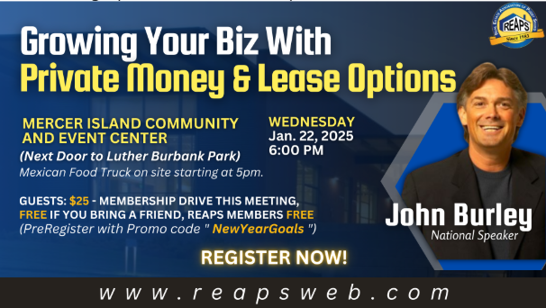 REAPSweb's tweet image. WED 6pm Real Estate Private Money and Lease Option expert will be sharing his strategies.  Get the details at REAPSweb dot com