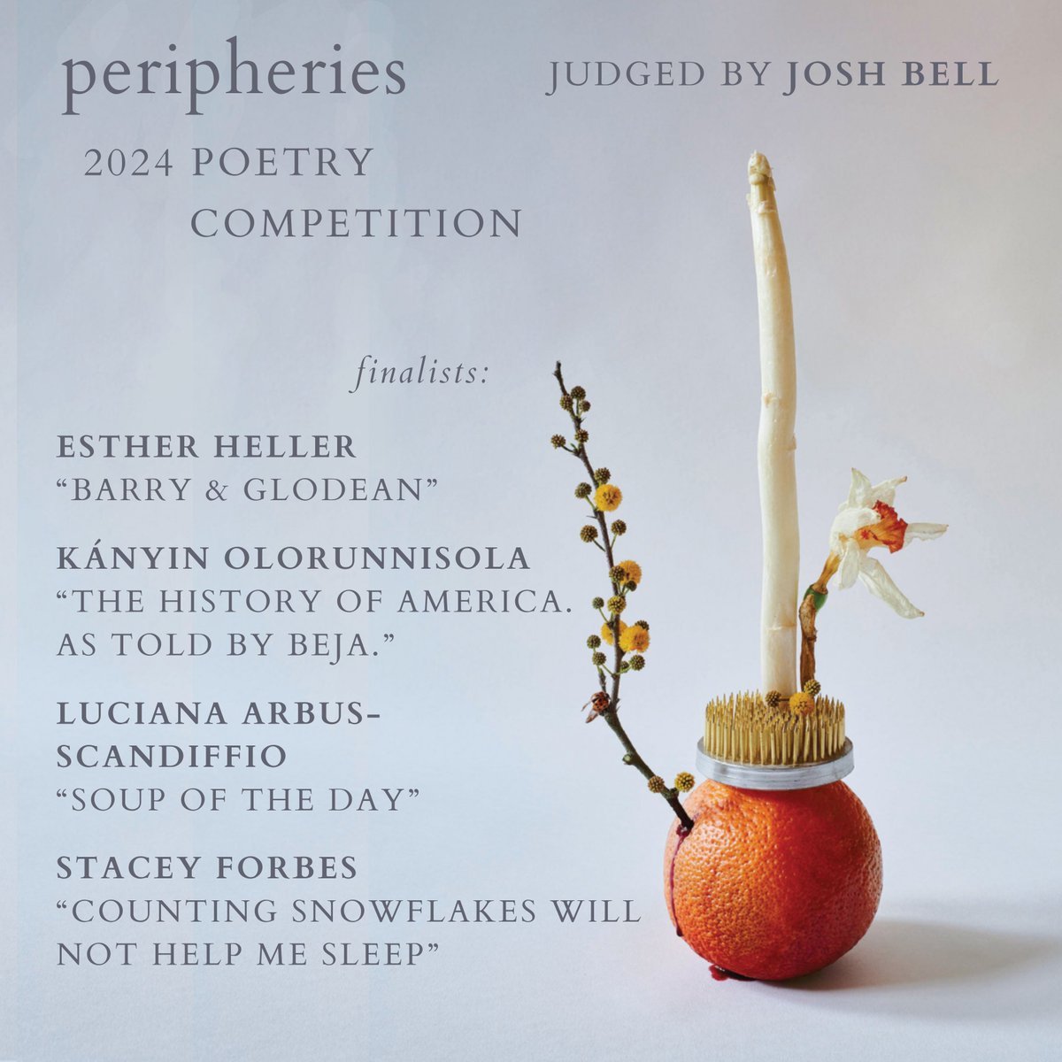_peripheries's tweet image. 2024 Peripheries Poetry Competition, judged by Josh Bell:

1st place: Aline Dolinh, “Dream Sequence Stricken From a Tapestry.” 

2nd place: Alan Yan, “Impossible Blue.” 

Finalists: Esther Heller, Kányin Olorunnisola, Luciana Arbus-Scandiffio Stacey Forbes.