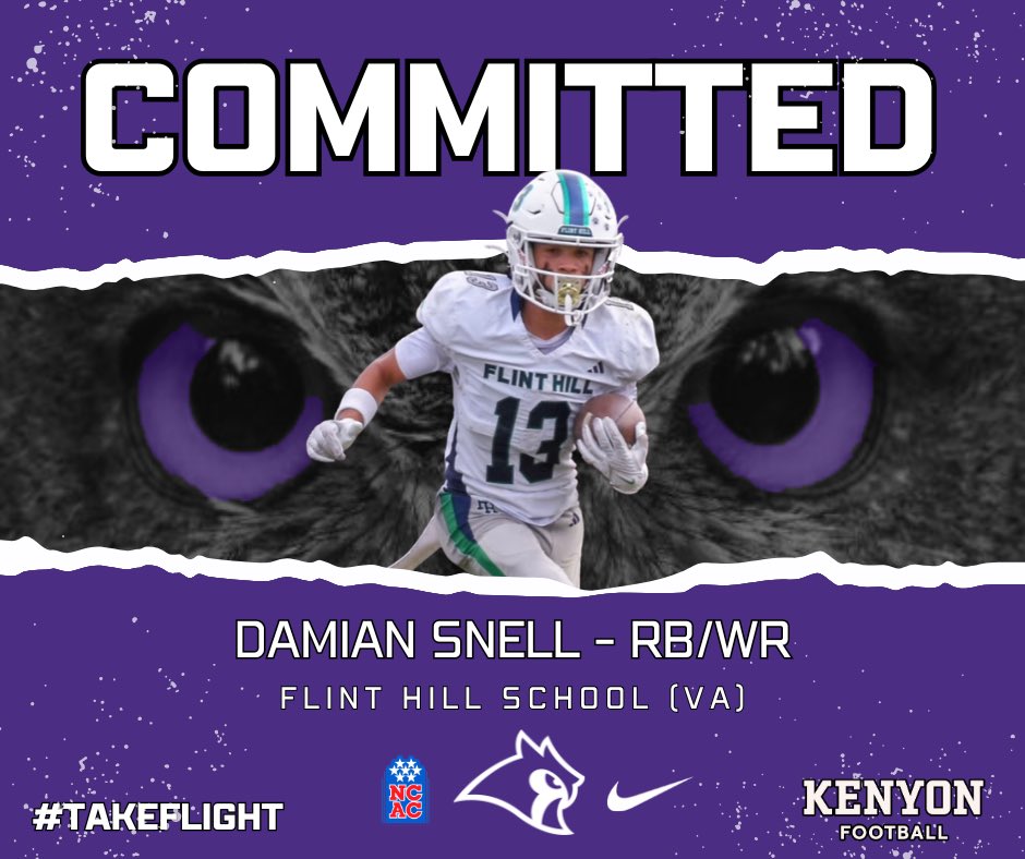 I’m blessed and excited to announce my commitment to Kenyon College!
<a href="/KenyonFootball/">Kenyon Football</a> 
#TakeFlight #GoOwls 
#SparkTheFlint 
<a href="/CoachP_eterson/">Coach P 🍎🏈📚🎓CoachesHelpingCoaches</a> <a href="/IanMGood/">Ian Good</a> 
<a href="/Coach_Cattrell/">Blake Cattrell</a> <a href="/FlintHillFball/">Flint Hill Football</a>