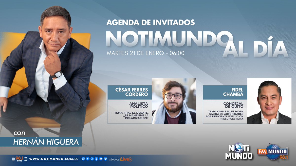 🌎 #NotiMundoAlDía | <a href="/higuerahernan/">Hernán Higuera</a> te acompaña desde las 06:00 con la más completa información. Este martes con:

🎙️ <a href="/CaesarAemilius/">César Febres-Cordero L.</a> 
🎙️ <a href="/fidelchambav/">Fidel Chamba V</a> 

📻 98.1 FM #Quito

🌐 fmmundo.com