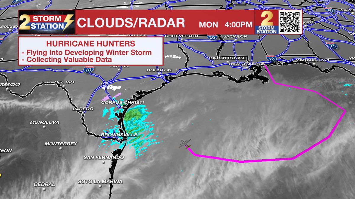 mbyronwx's tweet photo. How about that! Hurricane Hunters are flying through the northern Gulf to sample the developing winter storm. Data from this mission will be fed into the future guidance, helping to make forecasts more precise in the hours leading up to the storm. ❄️ https://t.co/ezKvboG80P