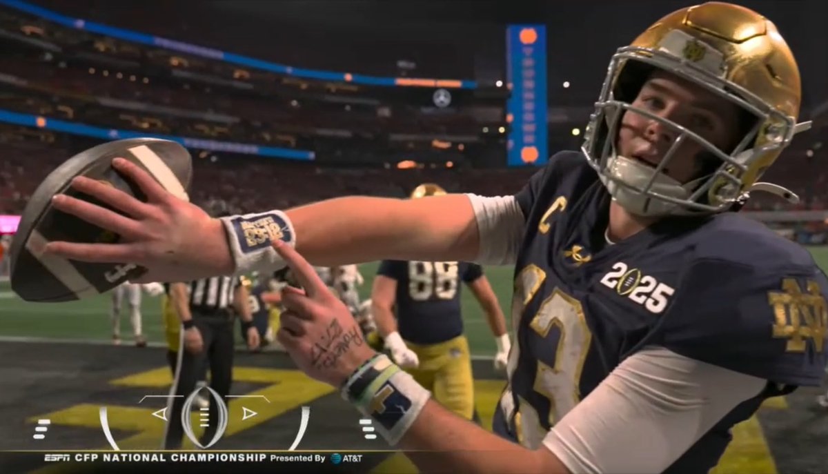 Riley Leonard points to his wristband which says “Matthew 23:12”

“[12] Whoever exalts himself will be humbled, and whoever humbles himself will be exalted.”