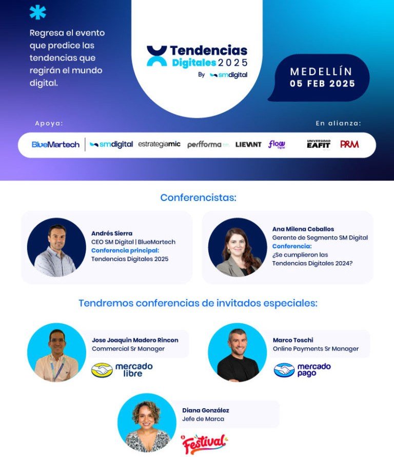TENDENCIAS DIGITALES 2025

Regresa el evento que predice las tendencias que regirán el mundo del marketing

entradas en: 
<a href="/ticketexpressco/">Ticket Express Eventos Colombia</a>

ticketexpress.com.co/event/tendenci…

🗓️ 5 de febrero, 2025 de 7:30 a.m. / 12:30 p.m.
📍 Lugar: AUDITORIO FUNDADORES - UNIVERSIDAD EAFIT Medellín