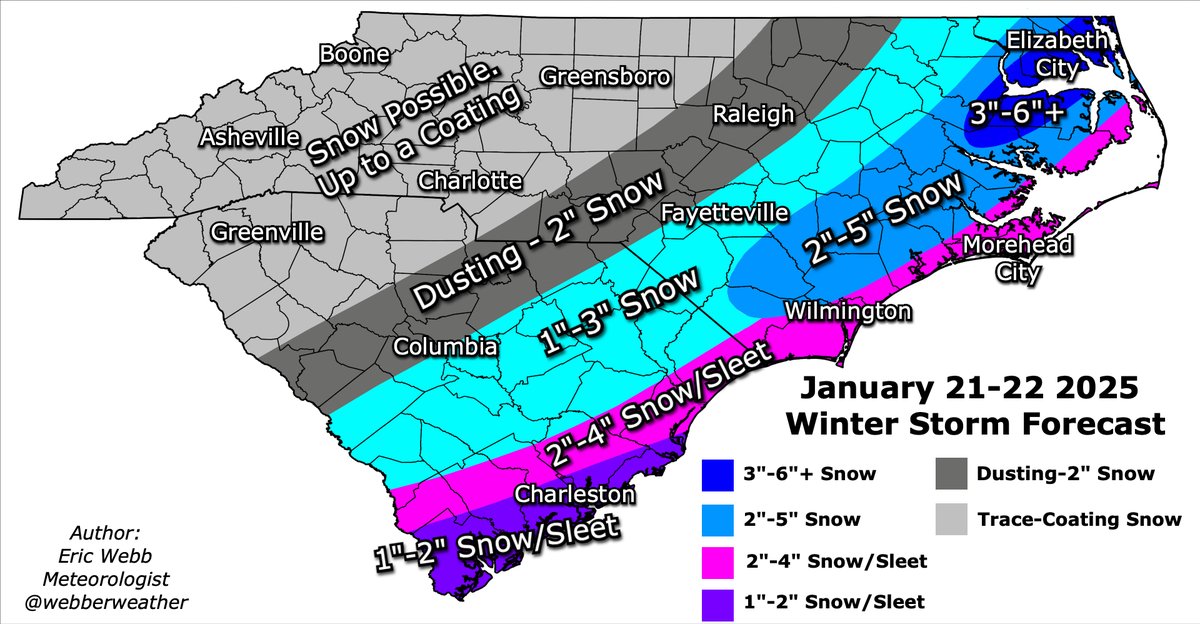 webberweather's tweet image. Here's my first call map for tomorrow &amp;amp; Wednesday's winter storm in the Carolinas.

Given the forcing mechanisms in place here (warm advection &amp;amp; isentropic upgrade) &amp;amp; knowing how models tend to handle these, I'm expecting the ongoing north trend on most models to generally…