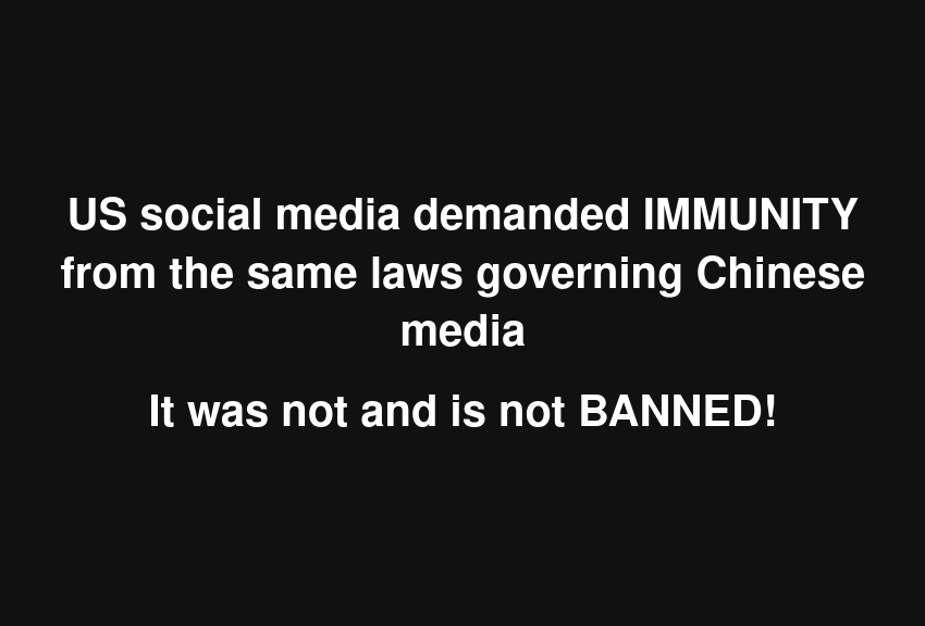 US social media demanded EXTRATERRITORIALITY.

They demanded that the US government's legal power be imposed beyond its territorial boundaries into China.

When it was denied, they left in a huff.