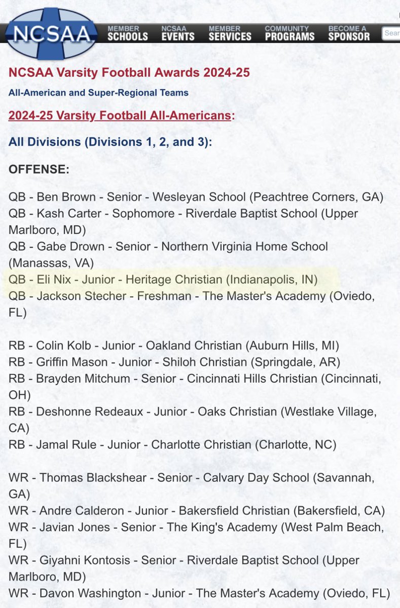 Congrats to <a href="/eli_nix14/">Eli Nix</a> for being named a <a href="/ncsaa/">NCSAA</a> All American!! Dude plays the game like Riley Leonard 💯 absolute stud! 🦅🏈🦅