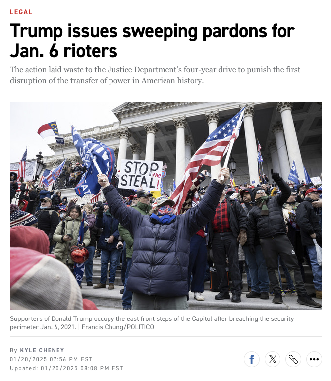 kyledcheney's tweet photo. NEW: With a stroke of his pen, Donald Trump laid waste to the four-year effort to punish the people who stormed the Capitol in his name on Jan. 6, 2021.

Among the 1,500 pardoned: People convicted of brutal assaults on police and seditious conspiracy.

https://t.co/jQ4zt4T3km https://t.co/5Ky942SjAY