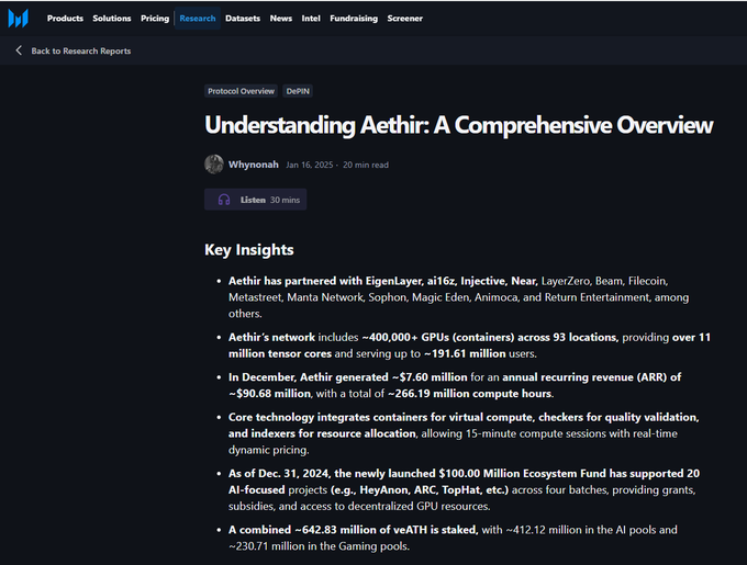 Theo Messari, Aethir là dự án DEPIN tiềm năng mạnh mẽ với:

Mạng lưới 397K GPU, 3K Nvidia H100, phủ 93 quốc gia.
ARR ~90.6M USD, ~266.19M giờ tính toán.
Hợp tác: Mira, MagicEden, Tensor, Filecoin.
Dự án 100M USD hỗ trợ GPU &amp; tài trợ AI.

#DEPIN #Aethir #AI #Gaming