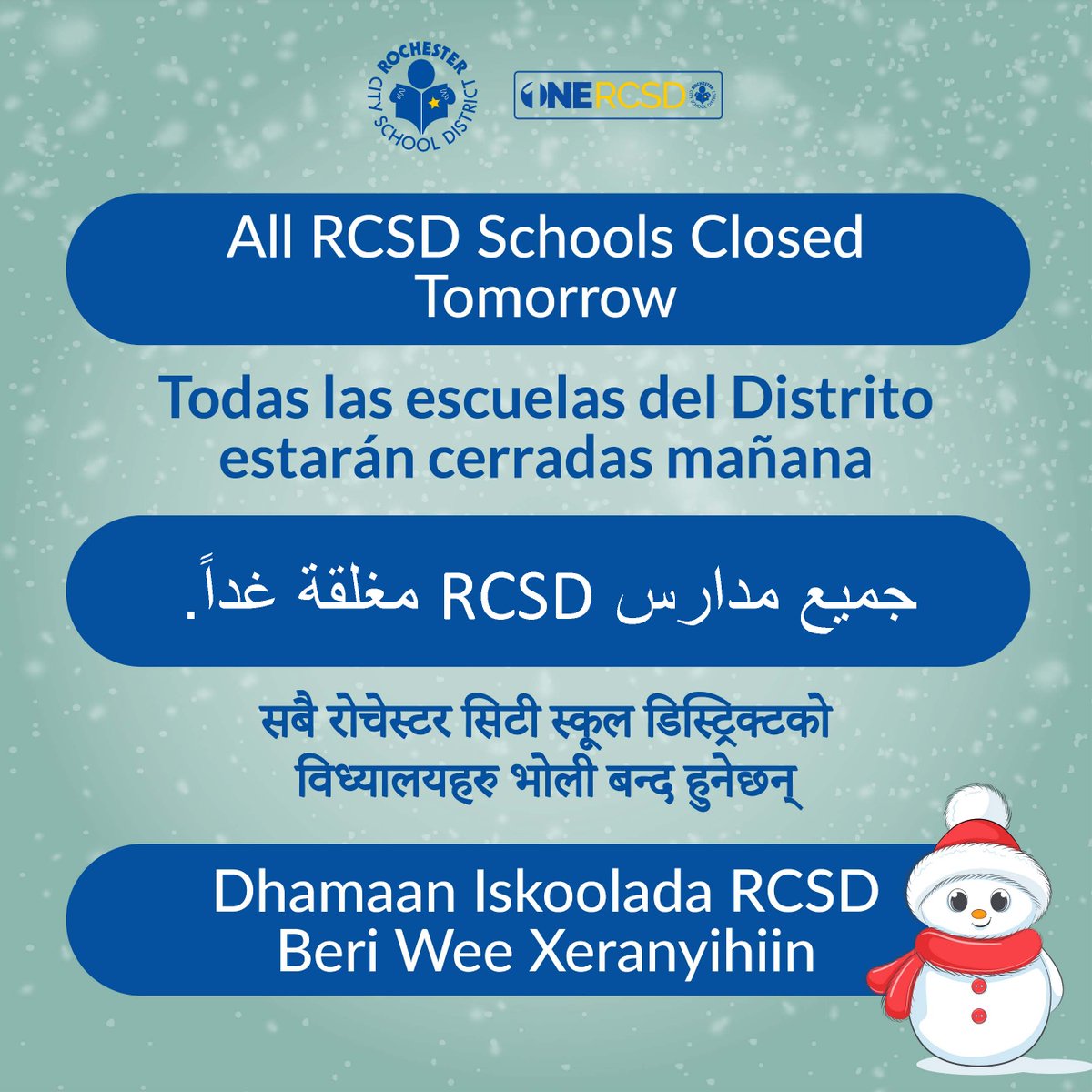 RCSDNYS's tweet photo. Due to inclement weather conditions, all RCSD schools and offices will be closed on Tuesday, January 21. All school-related activities are also canceled. Regents exams scheduled for January 21 will be rescheduled at a later date. RCSD staff are not expected to report.  Thank you. https://t.co/yfdKzAEuSE
