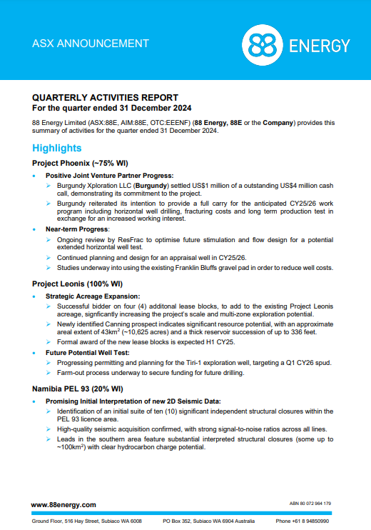88EnergyLtd's tweet image. $88E December 2024 Quarterly Report:
Phoenix: JV partner Burgundy commits to funding CY25/26 drilling &amp;amp; testing.
Leonis: Acreage expands; Tiri-1 well planning progresses.
Namibia: 10 key closures identified via seismic.
Cash: A$7.2M; costs down YoY.

bit.ly/4hpZuGS