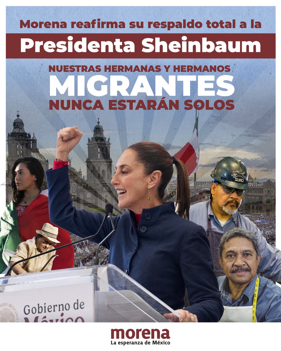Hermanos y hermanas #migrantes, ¡no están solos!

El Comité Ejecutivo Nacional de Morena respalda el llamado de la Presidenta <a href="/Claudiashein/">Claudia Sheinbaum Pardo</a>  quien, con la frente en alto, ha afirmado que México es un país libre, independiente y soberano y siempre vamos a defender al pueblo de