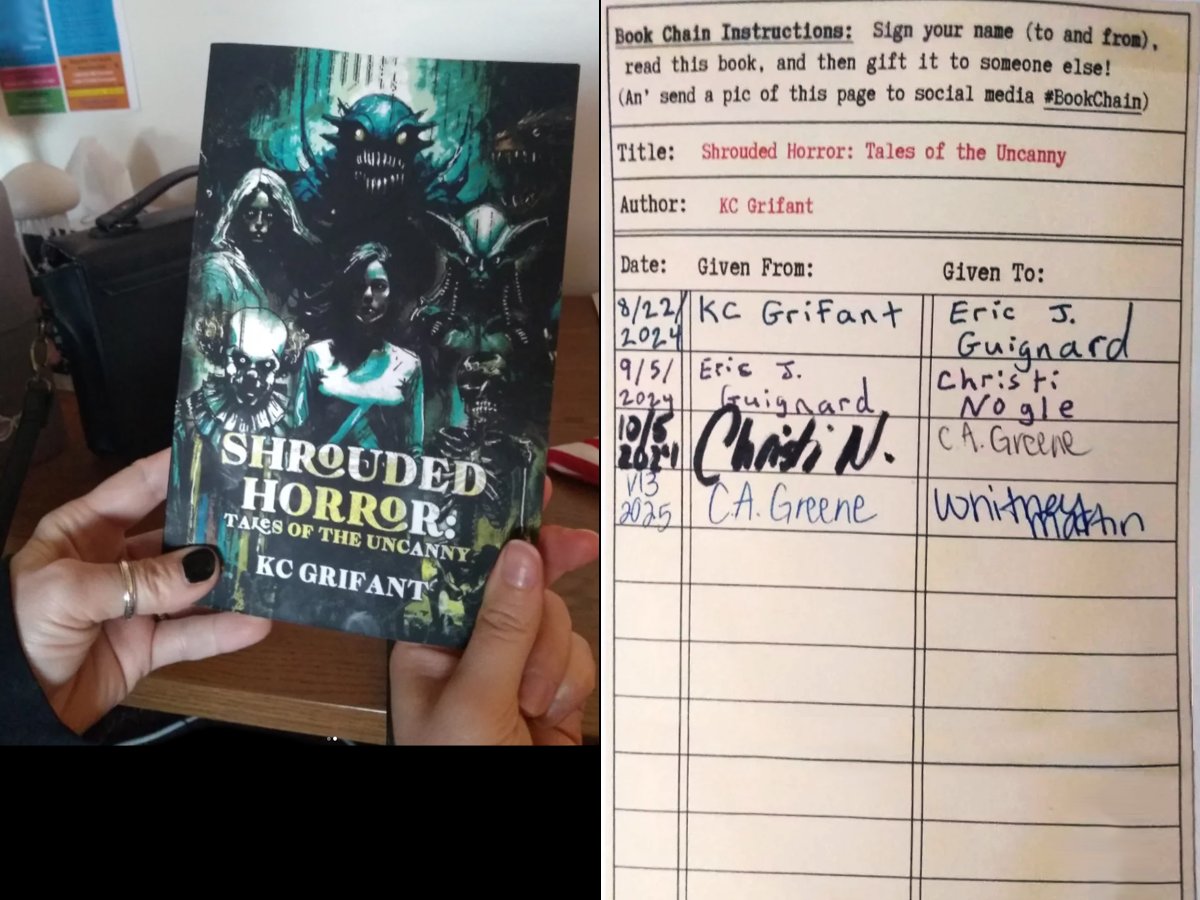 ericjguignard's tweet image. #BookChain 10: SHROUDED HORROR: TALES OF THE UNCANNY (Dragon’s Roost) by @KCGrifant has moved to the next link, thanks to @candice_azalea and W. Martin!
Tracked as ericjguignard.blogspot.com/2024/09/book-c…
Where to next? Only chance and the last reader involved may determine! #BookChainChallenge