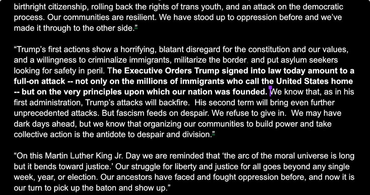 MTRStates's tweet photo. 🚨 @MtRStates responds to Donald Trump’s attacks on immigrants through his first executive orders targeting birth right citizenship, asylum and paving the way for expanded detention and deportations.

"We refuse to give in to fascism and despair."

#HeretoStay https://t.co/G4KDc4OpqQ