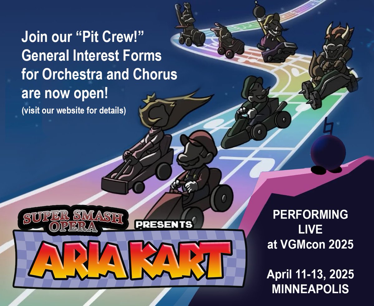SuperSmashOpera's tweet image. Our @SuperSmashOpera crew is looking for new and returning instrumentalists and singers interested in joining our opera orchestra, aka “Pit Crew,” for a special performance of “#AriaKart” at @VGMCon 2025 this April!
For info on how to sign up please visit
supersmashopera.com