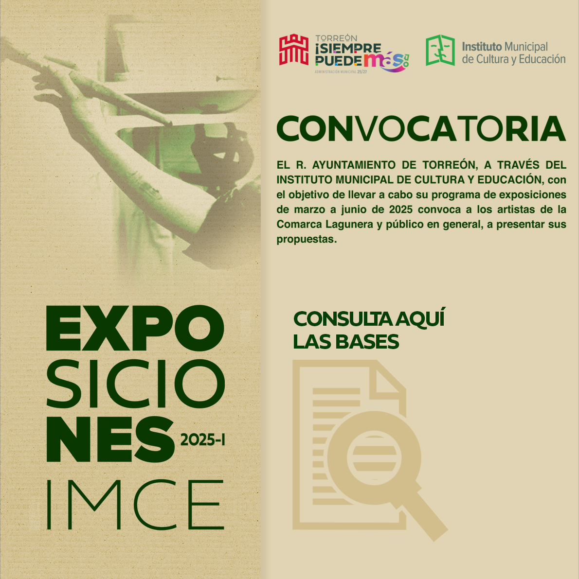 🖌️Nos complace invitar a artistas visuales y colectivos de la región a participar en la convocatoria:
🎨EXPOSICIONES IMCE 2025-I👩🏻‍🎨👨🏼‍🎨

🗓️ Convocatoria abierta a hasta el 14 de febrero

🌐 Consulta las bases en este enlace: shorturl.at/T80nx 

#TorreónSiemprePuedeMás