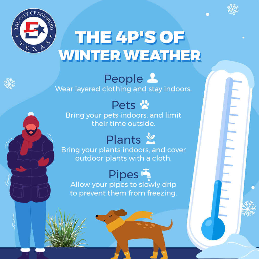 cityofedinburg's tweet photo. Remember the 4 P’s of Cold Weather:
🧓 People: Check on your neighbors, especially the elderly, young children, and those with special needs.
🐶 Pets: Make sure your pets are indoors or have a warm, safe space.
🌱 Plants: Bring potted plants indoors and cover outdoor ones to protect them.
🚿 Pipes: Wrap exposed pipes, insulate outdoor faucets, and drain sprinkler systems.