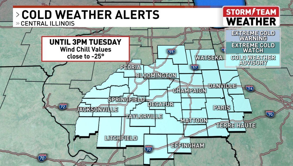 DarrenLeedsWx's tweet photo. Cold Weather Advisory is extended until 3 PM Tuesday. Tonight's wind chill will be the coldest we've seen with several locations dipping close to -25°. Tuesday afternoon's wind chill will reach -10°.
#cILwx #ILwx #DangerouslyCold #Cold #WindChill #Subzero #ArcticAir #Frigid https://t.co/lrzQwkkxrM