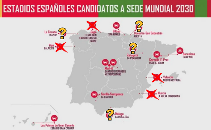 GradaBpro's tweet photo. Se cayeron las sedes de Vigo, Gijón, Valencia y Murcia. Ahora parece que pueden caer una o dos entre A Coruña, Málaga, Zaragoza o San Sebastián.

El Mundial 2030 empezó como un proyecto de España y Portugal, y con la incorporación de Marruecos y la apertura en Sudamérica puede que solo 7 ciudades españolas acaben albergando partidos.

Personalmente, es un bochorno.