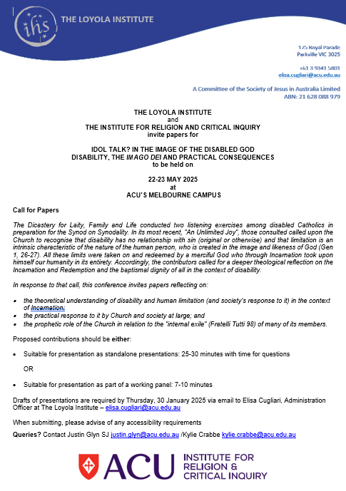 Zachariah_Duke's tweet image. 🗣️🗣️#Conference Alert 🗣️🗣️
@IRCI_ACU and the Loyola Institute (@ausjesuits) are holding a conference "Idol Talk? In the Image of the #Disabled #God #Disability, the Imago Dei and Practical Consequences" on 22-23 May 2025 at @ACUmedia's Melbourne Campus. acu.edu.au/research-and-e…