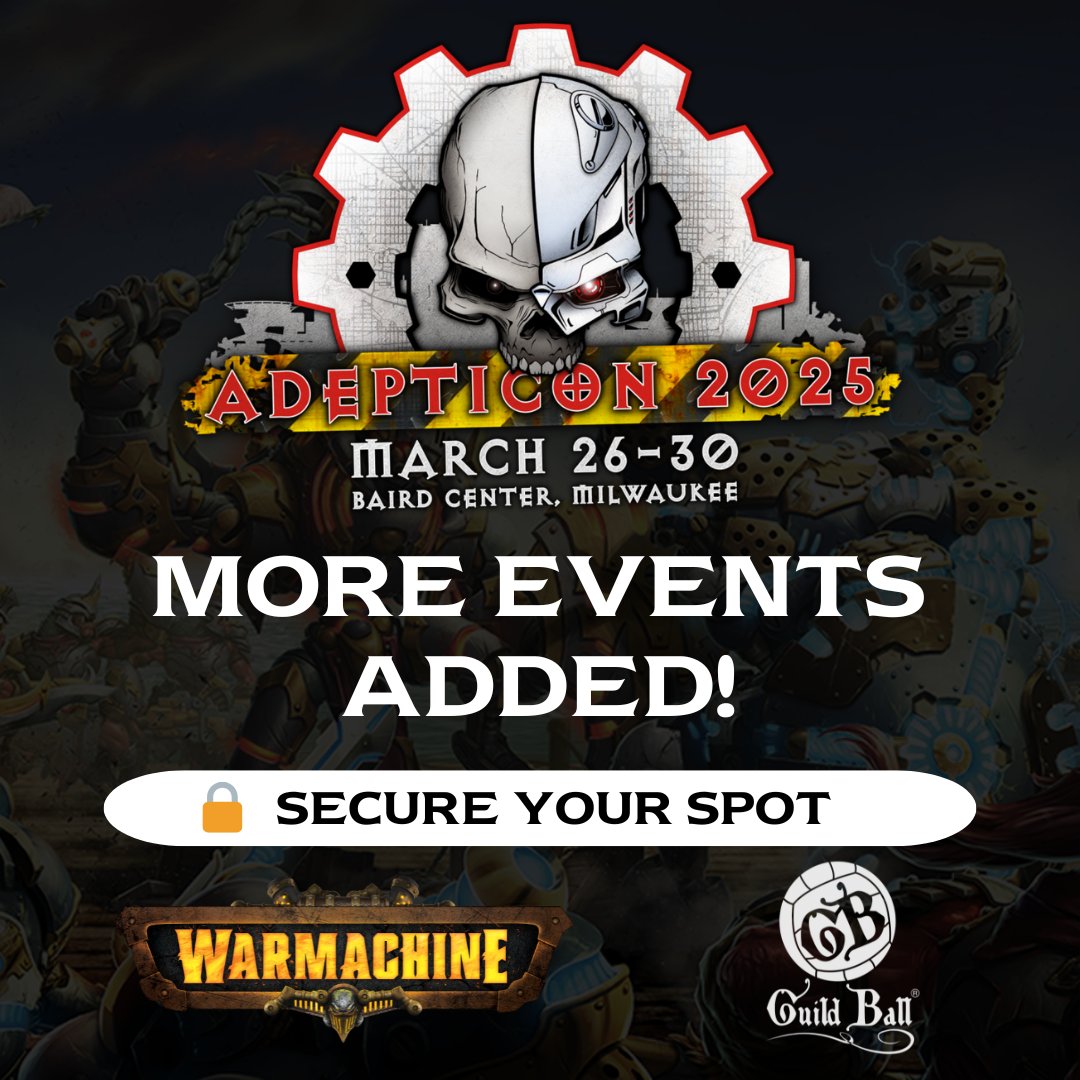 We’ve managed to pull some strings with the (very kind) AdeptiCon overlords and add extra events for WARMACHINE and Guild Ball 🥳

We’ve also increased capacity for several WARMACHINE events, including the highly anticipated Keynote! 

Secure your spot: web.cvent.com/event/9be91acc…