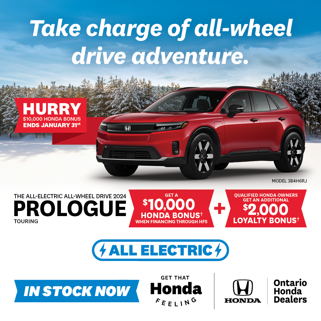 Thinking of an EV vehicle? Consider our Honda Prologue Touring! $10,000 Honda Bonus when financing through HFS. +$2000 Loyalty Bonus for Qualifying Honda Owners. Test drive one today! 1-800-565-4955 #hondaprologue #StratfordHonda