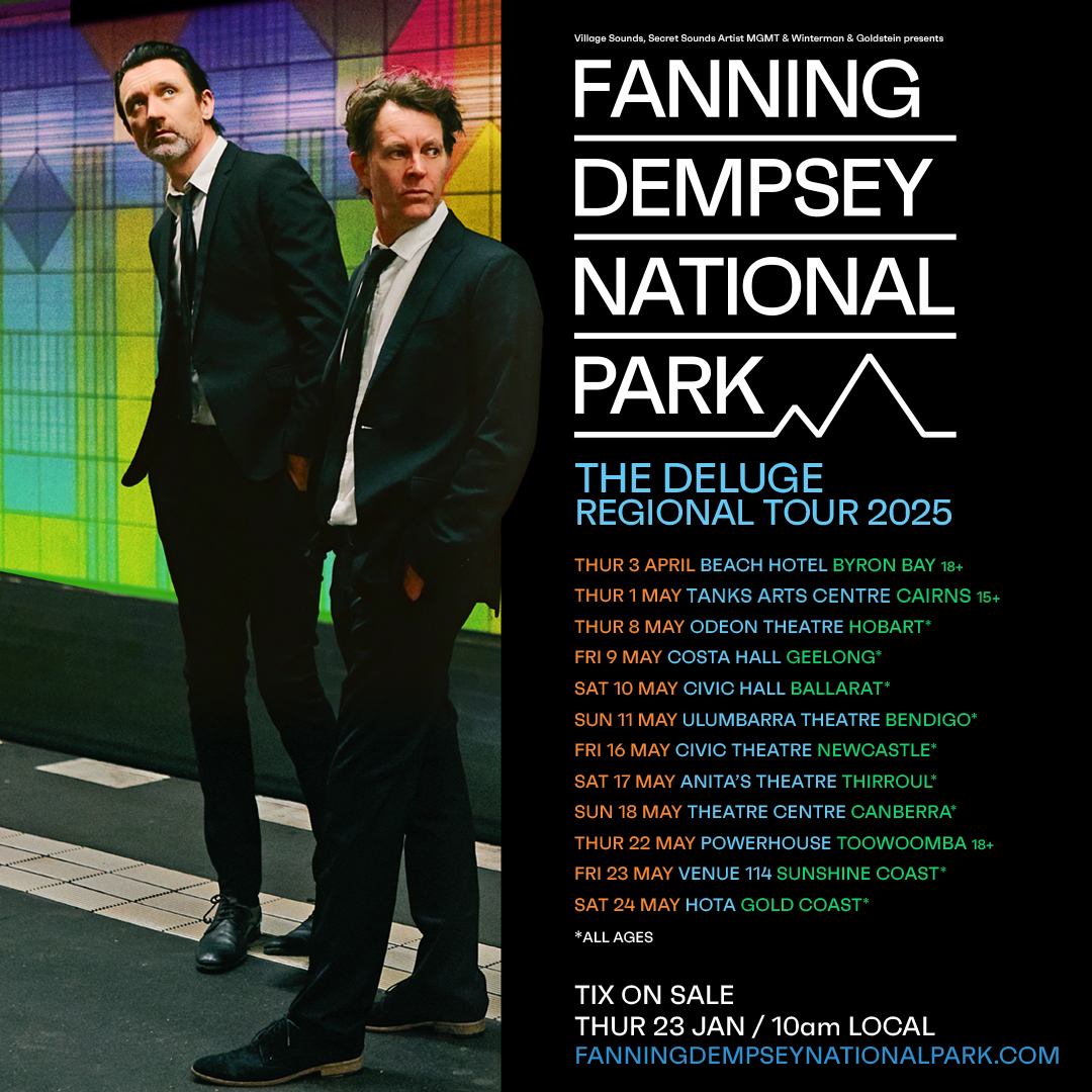 Finally we are going to make our way around the country to do some shows in the regional areas. Get in fast as these shows are all one offs. PLUS check out our new song ‘Blackstar’ fdnp.lnk.to/Blackstar
📅 Tix On Sale Thurs 23 Jan, 10am 
🎫 fanningdempseynationalpark.com