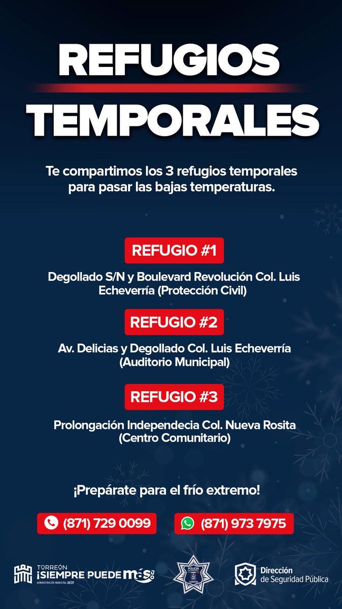 Buen inicio de semana.

Les comparto la ubicación de los refugios temporales instalados en #Torreón para resguardo de las personas que lo requieran con motivo de las bajas temperaturas que se están presentando ❄️🚨
#LaGenteManda
#Regidor14