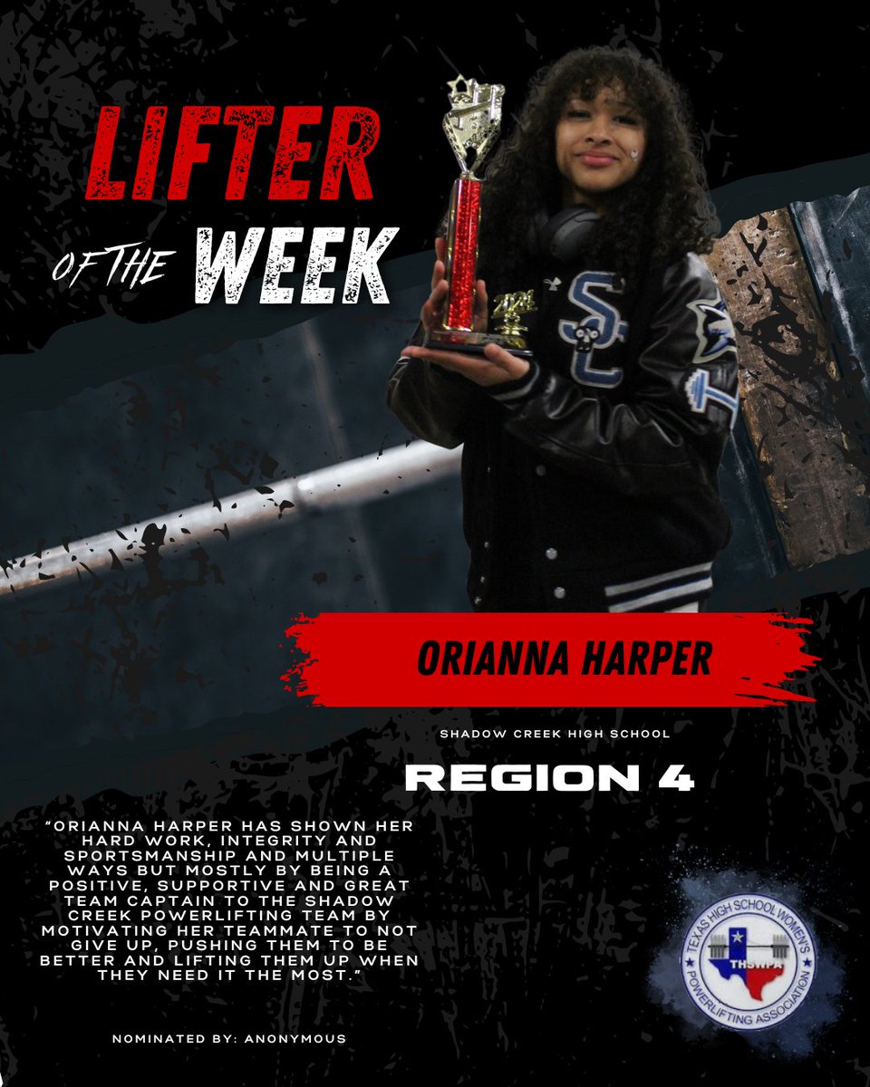 thswpa's tweet photo. It's time to spotlight our lifter's of the week!
Congratulations Orianna Harper!
@SCPowerlifting

#THSWPA #LiftersOfTheWeek #GirlsWhoLift #TexasLifters #TexasPowerlifting #Strength #Powerlifting #LiftHeavy #Leadership #Competitor #CommitmentToExcellence https://t.co/KnuD7xQJpq