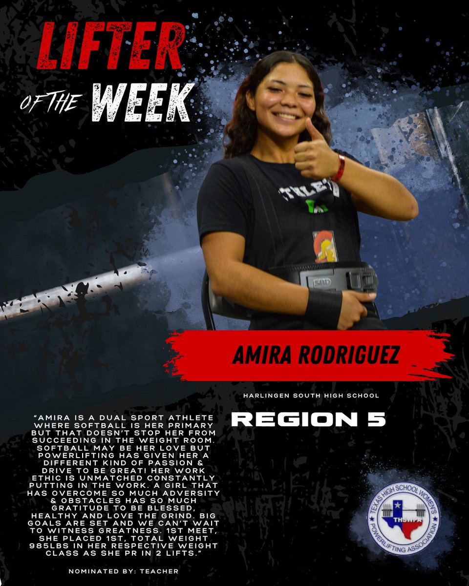 thswpa's tweet photo. It's time to spotlight our lifter's of the week!
Congratulations Amira Rodriguez! 
@HCISD_Athletics

#THSWPA #LiftersOfTheWeek #GirlsWhoLift #TexasLifters #TexasPowerlifting #Strength #Powerlifting #LiftHeavy #Leadership #Competitor #CommitmentToExcellence https://t.co/Kzve8ntsZT