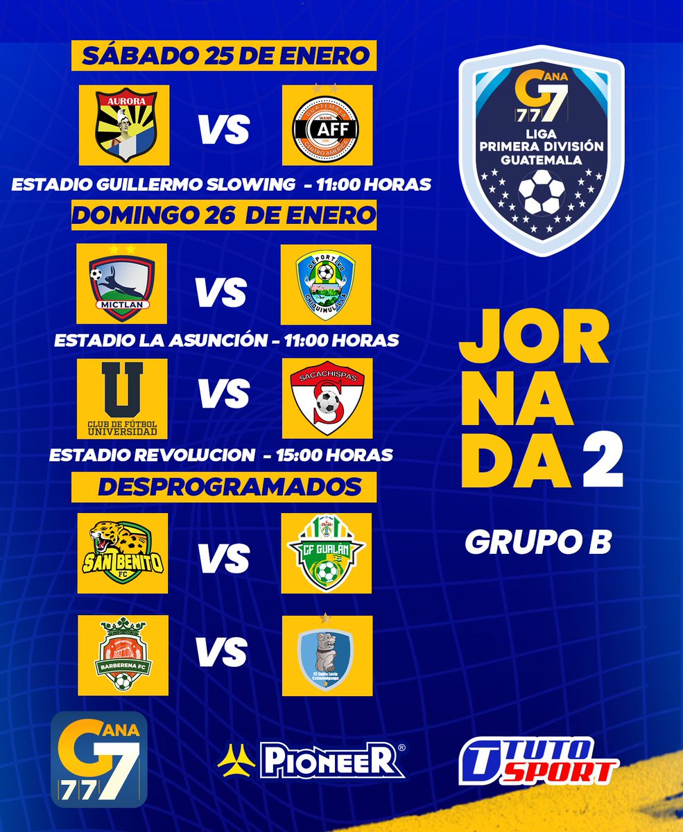 ¡JORNADA 2 DEL GRUPO A Y B!

Te compartimos las fechas y horarios de los juegos programados para el fin de semana.  

#LaLigaGana777🔵🟡
#Gana777 #TutoSport #PioneerGT #PrimeraDivisiónGT #LaLigaDeAscenso