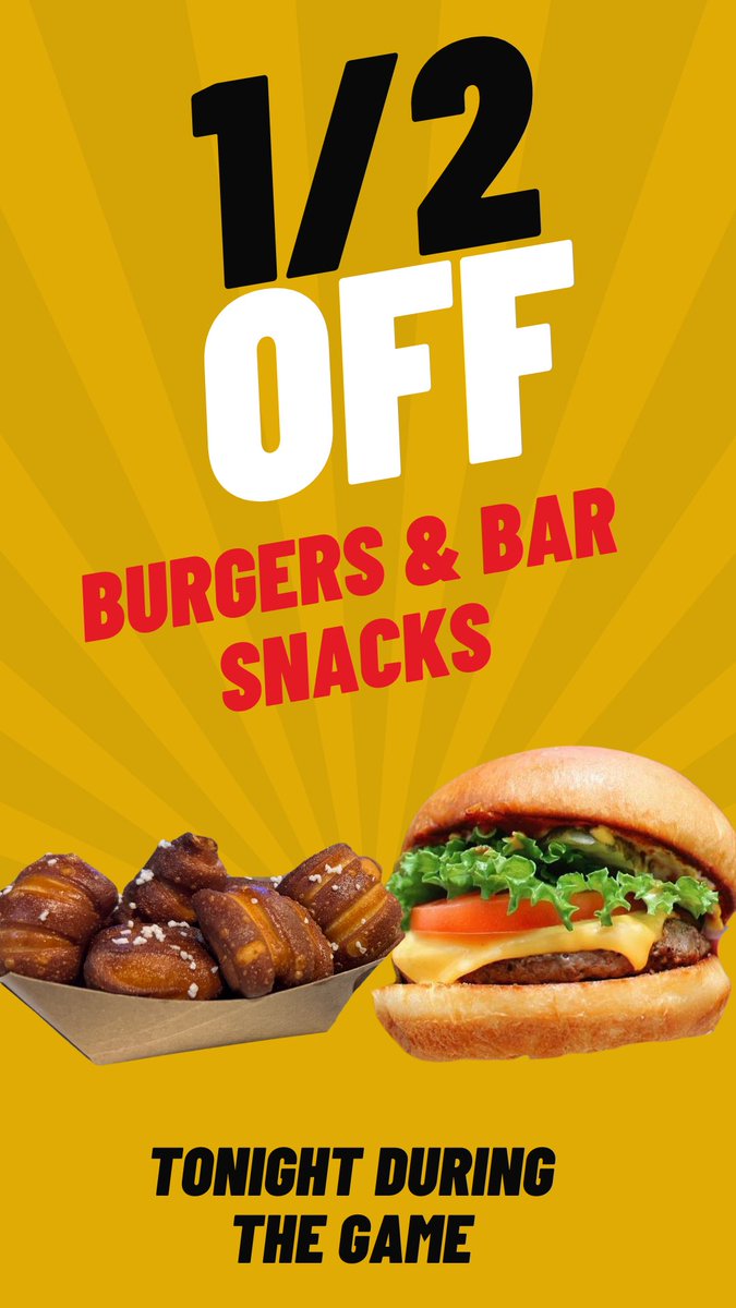 🚨WATCH PARTY DEAL🚨

Join us tonight for 
✨1/2 off Bar Snacks 🥨
✨1/2 off Burgers 🍔

Watch the big game with us!