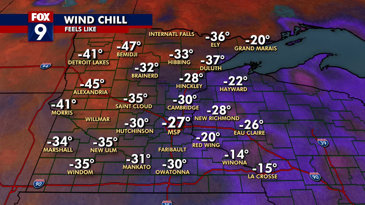 ian_leonard's tweet photo. Current Wind Chills 3:30 PM Monday...#stupidcold now but air temps drop like a rock overnight to -17 in The Twin Cities and the chills drop into the -30 to -35 range. Dangerously cold overnight for you AND your pets! @FOX9 https://t.co/DllOiGmXce