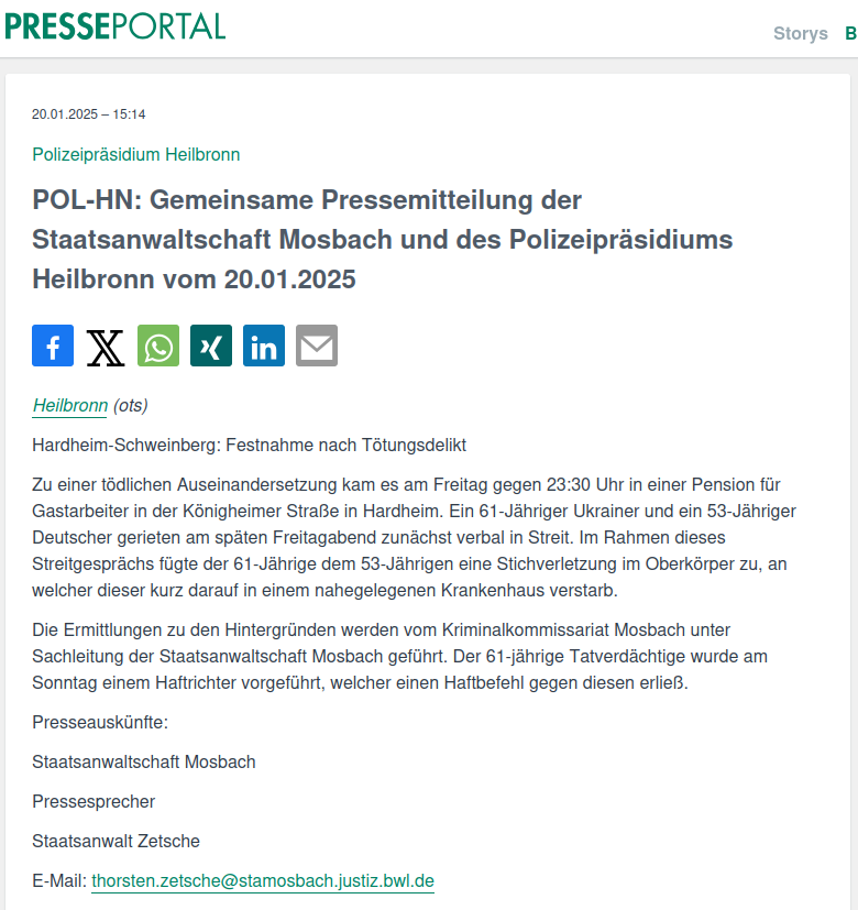 johannmartelmdb's tweet photo. Messermord im Neckar-Odenwald-Kreis:
Ukrainer tötet Deutschen in #Hardheim-#Schweinberg!
In einem normalen Deutschland wäre der Deutsche noch am Leben und der Ukrainer gar nicht erst hier!
Ein weiteres - wortwörtlich stichhaltiges - Argument für #Remigration!
#ukraine #afd https://t.co/3lYVfybtDm