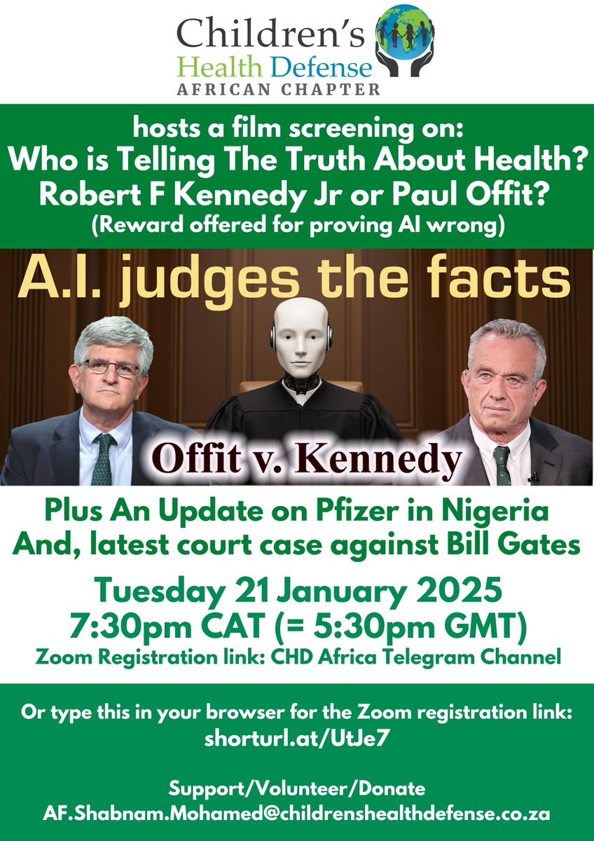 Children’s Health Defense Africa is hosting a Zoom for my 30-minute video analyzing the criticisms against Robert F. Kennedy Jr. running public health in the U.S. 

shorturl.at/UtJe7

Here's why this matters for Africa.  🧵👇
