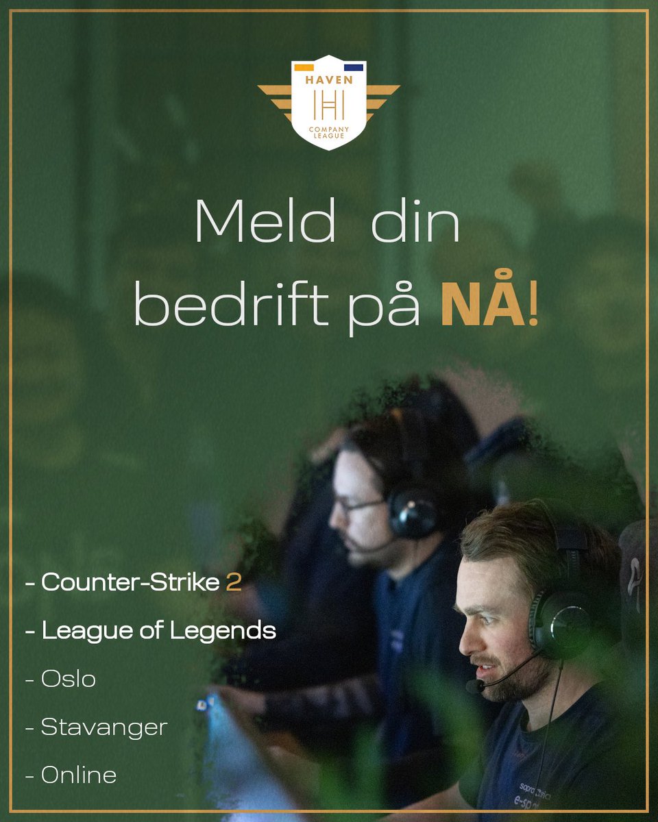 HCompanyLeague's tweet image. Haven Company League er i gang igjen, og vi vil ha med deg og din bedrift! 🏆

Spiller du og dine kollegaer Counter-Strike eller League of Legends? 

Skap gode sosiale relasjoner med dine kollegaer via vår bedriftsliga. 

Har du Spørsmål? ikke nøl med å ta kontakt