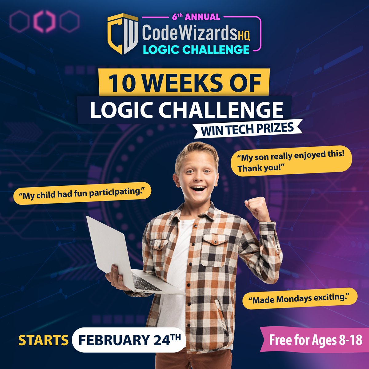 CodeWizardsHQ's tweet image. 🌟 Parents Love the Logic Challenge! 🌟
With over 2,000 students participating last year, here’s what they said:
✨ "My kids loved the weekly challenge!"
✨ "It increases my child’s comprehension a lot."
🗓 Starts Feb 24 | Ages 8-18 | FREE
🔗 Register: codewizardshq.com/logic-challeng…