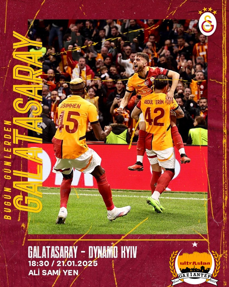 #BugünGünlerdenGALATASARAY 💪

🏆 <a href="/EuropaLeague/">UEFA Europa League</a> 
🗓 Lig Aşaması 7. Maç
⚽️ Dynamo Kyiv
📅 21.01.2025
⏰ 18.30
🏟 Ali Sami Yen Spor Kompleksi

#ultrAslanGaziantep