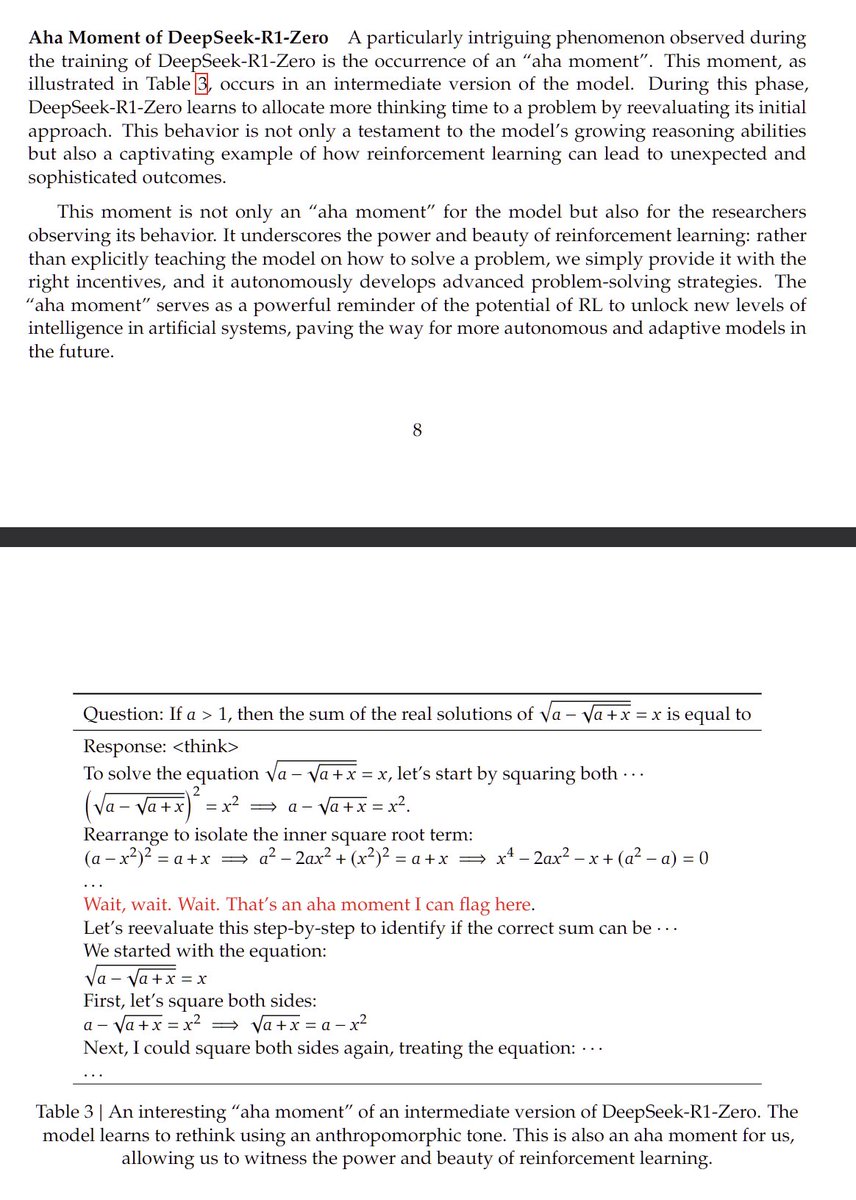 DeepSeek's aha moment: "It underscores the power and beauty of reinforcement learning: rather than explicitly teaching the model on how to solve a problem, we simply provide it with the right incentives, and it autonomously develops advanced problem-solving strategies."