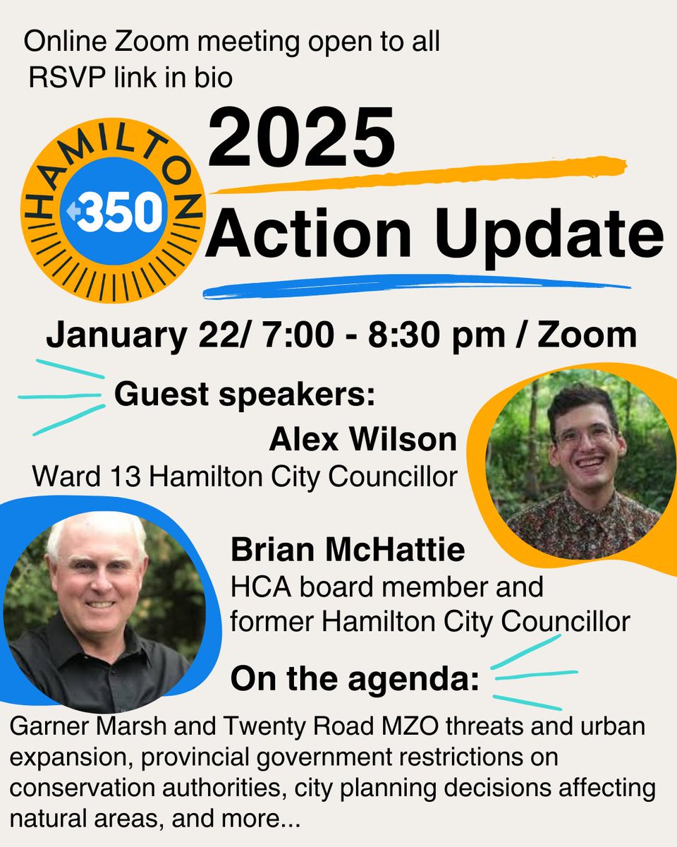 Hamilton 350 Climate (@hamilton_350) on Twitter photo Join us and <a href="/alexwilson96/">Alex Wilson</a> & <a href="/BrianMcHattie/">Brian McHattie</a> for the first #HamOnt climate action update of 2025!
Wednesday @ 7PM on Zoom
Registration link 👉 zoom.us/meeting/regist… Join us and <a href="/alexwilson96/">Alex Wilson</a> & <a href="/BrianMcHattie/">Brian McHattie</a> for the first #HamOnt climate action update of 2025!
Wednesday @ 7PM on Zoom
Registration link 👉 zoom.us/meeting/regist…