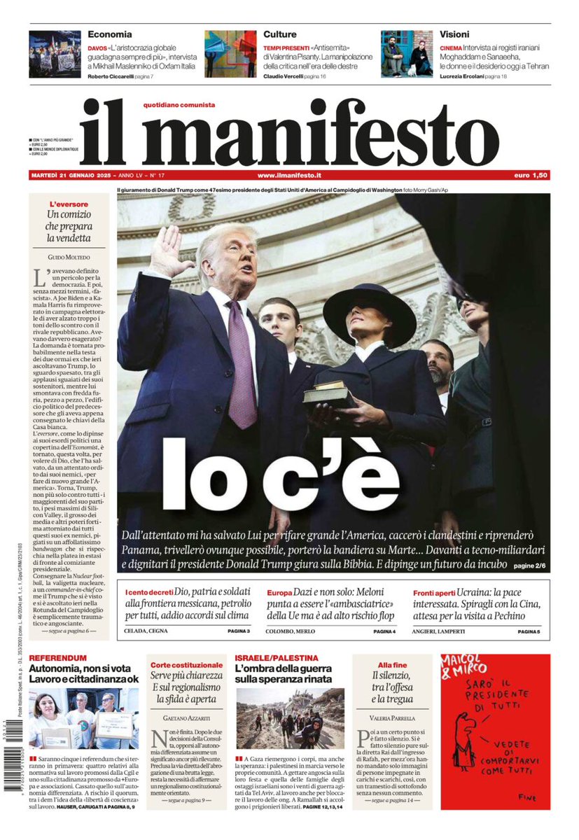 ilmanifesto's tweet photo. Dall’attentato mi ha salvato Lui per rifare grande l’America, caccerò i clandestini e riprenderò Panama, trivellerò ovunque possibile, porterò la bandiera su Marte. Davanti a tecno-miliardari e dignitari il presidente Donald Trump giura sulla Bibbia. E dipinge un futuro da incubo https://t.co/zknwoT8H5P