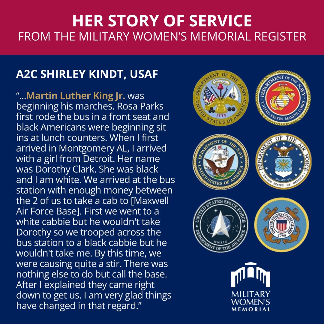 womensmemorial's tweet photo. As we honor Martin Luther King, Jr.'s memory and celebrate his extraordinary contributions to our nation, we are sharing some of our military women's stories of service from our MWM Register that include memorable experiences about Dr. King.

#WeAreMWM
#HerMemorial
#MLK #MLKDay https://t.co/CEcM9r9Szk